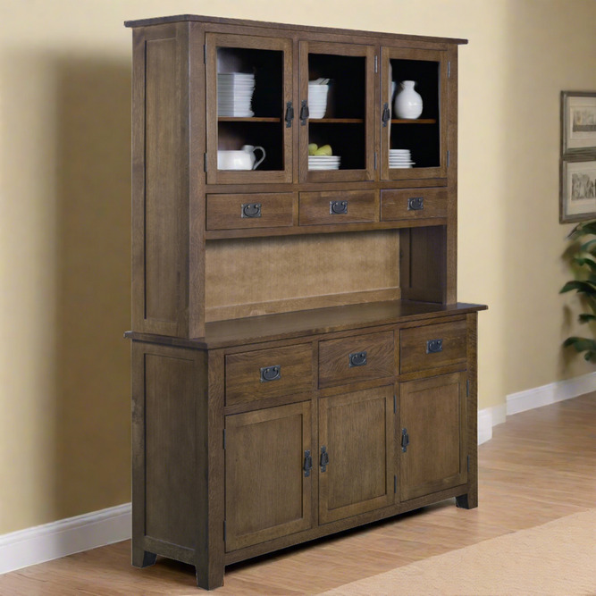 Elegant rustic china cabinet with glass doors and ample storage.